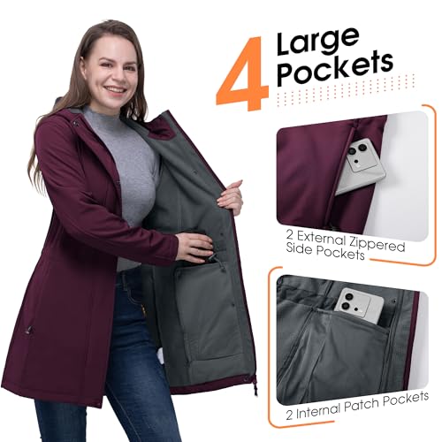33,000ft Women's Softshell Long Jacket with Hood Fleece Lined Windproof Warm up Waterproof Windbreaker - Thumbnail 4