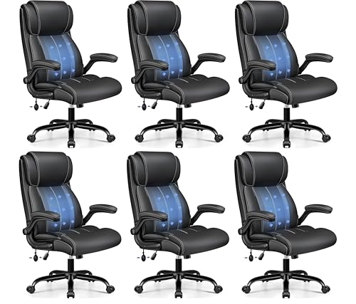 Image of BESTFAIR High Back Computer Desk Chair, Inflatable Lumbar Support, Black | Neck & Lumbar Support for Prolonged Sitting, Flip-Up Arms, Wide & Deep Seat, Scratch-Resistant PU Leather, Tilt Swivel 6 Pack