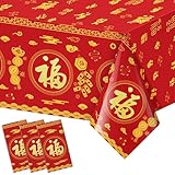 Fancy Land 3 Pack Chinese New Year Tablecloths Red Gold Chinese Fu Good Luck Rectangular Plastic Table Covers 54 X 108 Lunar New Year Party Decorations