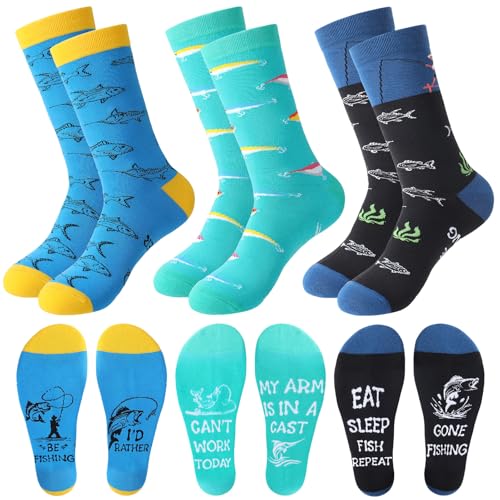 Utensilsto 3 Paar Lustige Socken Geschenke für Angler,Bunte Socken mit Angeln Motiv,Angelbegeisterte Geschenke angelzubehör für Männer Papa Opa Freund Geburtstag Vatertag