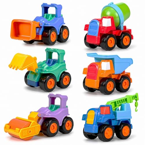 Image of SHAKTISM Construction Vehicle Toys, 6 Pack Friction Powered Cars, Push and Go Play Set with Cement Mixer, Dump Truck, Bulldozer, Tractor, Truck and Road Bike