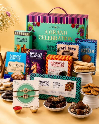 Image of HyperFoods Rakhi Gift Hamper for Brother A Grand Celebration Box Rakhi with Kaju Katli, Chocolate, Wafer Rolls, Nuts & Date Bar,Cookies, cheese cracker snacks Dragees Sweets Gift Pack Chocolate Gift Pack