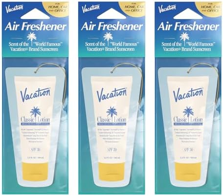 Vacation Air Freshener 3-Pack, Award Winning Vacation Sunscreen Scent, Car Air Fresheners for Women + Men, Closet, Drawer and Purse Freshener, Air Freshener for Home, Office Scent For Desk (Pack of 3)
