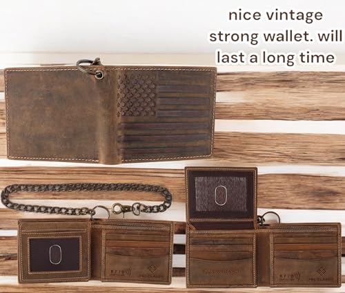 F&L CLASSIC RFID Blocking Mens bi-fold Style Cowhide Leather Steel Chain Wallet, brown flag,texas 2004