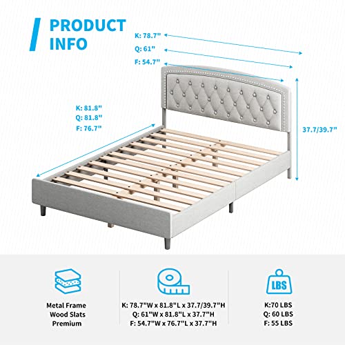 Mjkone Queen Size Bed Frame, Thin Velvet Bed Frame With Adjustable Headboard, Upholstered Wood Mattress Frame With Button Tufted Headboard For Bedroom (Light Grey) #TOP6