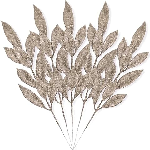 SPWOLFRT 16Pcs Artificial Bay Leaves Glitter Bay Stems Christmas Tree Picks Sprays Ornaments for Xmas Tree Wreath Table Centerpiece Flower Arrangement Wedding, Party Home Decor, 35cm (Champagne) Cover