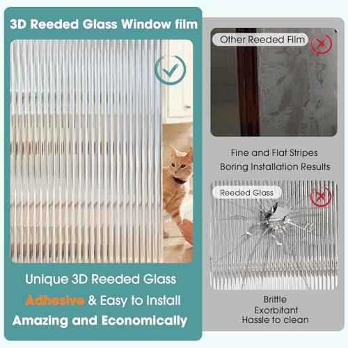 Coavas FBA_05DJL Window Privacy Film 3D Fluted Glass Window Clings Frosted Reeded Glass Stickers Bathroom Decorative Peel And Stick Window Cling Heat Blocking Window Coverings Adhesive,17.5X78.7 In thumb #5