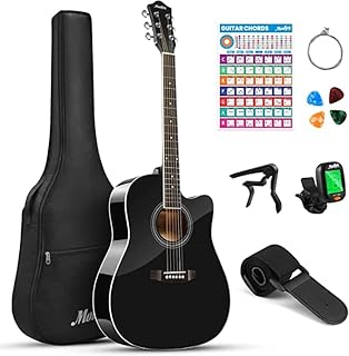 Moukey Acoustic Guitar Full Size Kit Beginner 4/4 Size Cutaway Guitar Dreadnought 41 Inch Starter Set with Chord Poster Gig Bag Tuner Picks Capo Strap Black