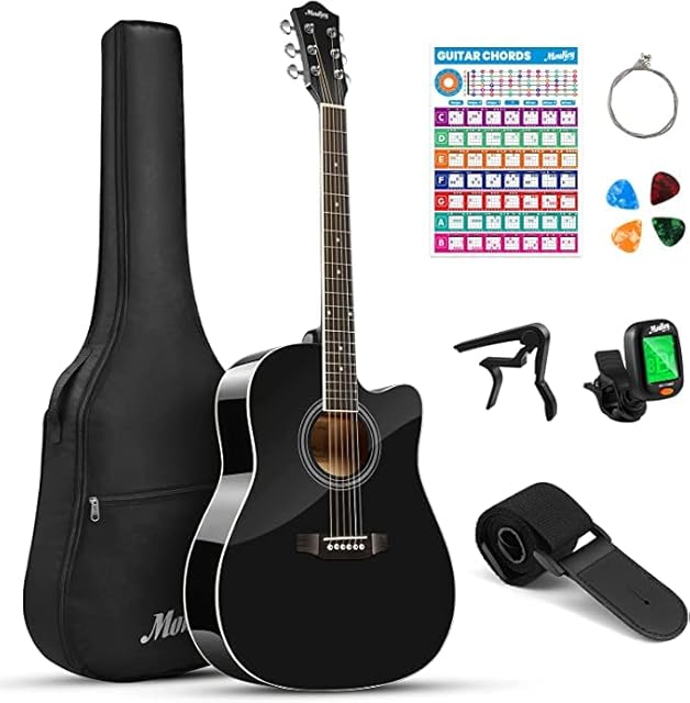 Moukey Acoustic Guitar Full Size Kit Beginner 4/4 Size Cutaway Guitar Dreadnought 41 Inch Starter Set with Chord Poster Gig Bag Tuner Picks Capo Strap Black
