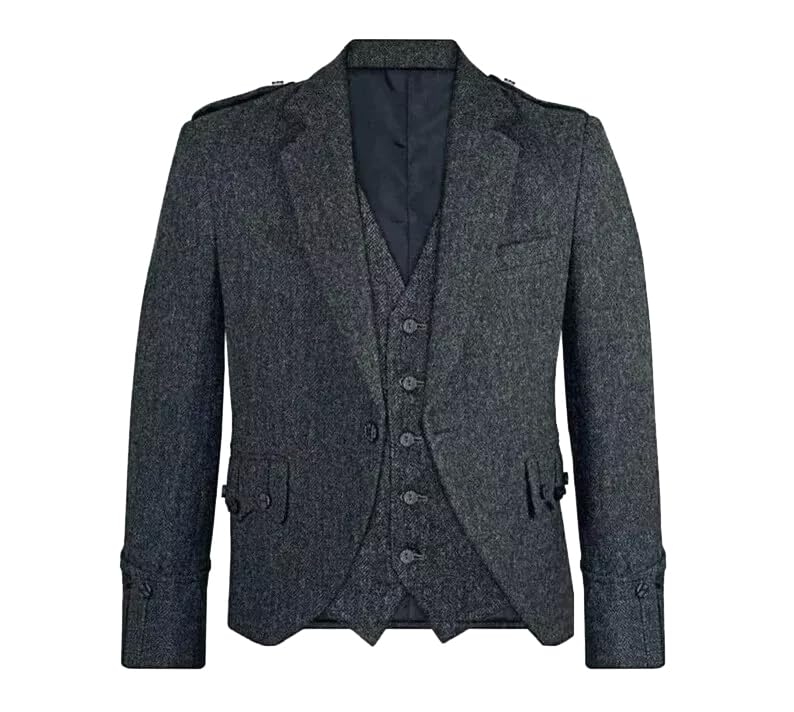 Scottish Handmade Gray Tweed Argyle Kilt Jacket with 5 Button Vest | Wool Argyll Jacket