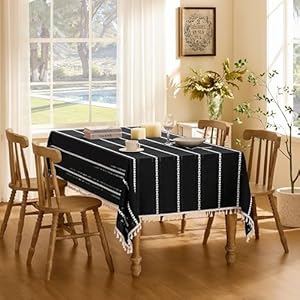 ZeeMart Hemstitched Embroidery Striped Boho Tablecloth 60x84 Inch Black, Heavy Weight Farmhouse Burlap Linen Black Tablecloth, Wrinkle Resistant Washable Table Cloth for Rectangle Table ZeeMart Hemstitched Embroidery Striped Boho Tablecloth 60×84 Inch Black Heavy Weight Farmhouse Burlap Linen Black Tablecloth Wrinkle Resistant Washable Table Cloth for Rectangle Table