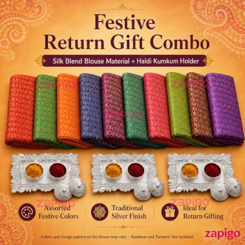 Image of Habba Blouse Piece with Silver Kumkum Box for Women, Silk Blend Fabric & Decorative Haldi Kumkum Holder, Traditional Tambulam Return Gift for Diwali, Navratri, Wedding, Housewarming, Baby - Pack of 5