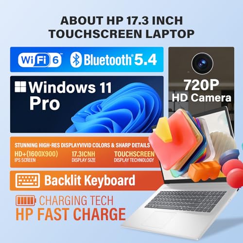 Image of HP 17.3 inch Touchscreen Business Laptop, AMD Ryzen 5 7430U (6-Core), 20GB RAM, 1TB SSD, Large Anti-Glare Display, Backlit Keyboard, WiFi 6, Windows 11 Pro, Ideal for Office & Students, w /Accessories