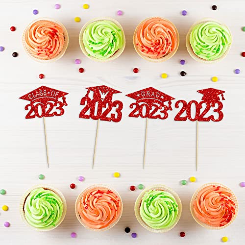 24 Pcs 2023 Graduation Cap Cupcake Toppers Glitter Glitter Class Of 2023 Grad Cap Cupake Picks Decorations For 2023 Graduation Theme Party Supplies Red #TOP2