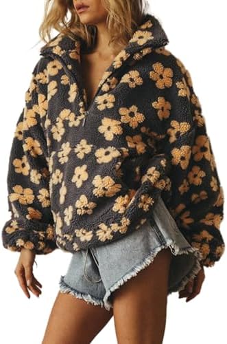 Womens Floral Fleece Sherpa Jacket Half Zip Up Fuzzy Oversize Pullover Sweatshirt Cozy Y2K Faux Fur Trendy Jackets