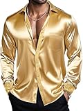 Barry.Wang Gold Men Satin Silk Shirt Long Sleeve Designer Dress Shirt Shiny Untucked Casual Button Down Shirt Party Disco Formal