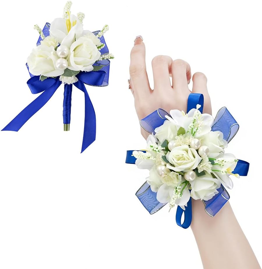 Royal Blue Rose Corsage and Boutonniere Set, Prom Flower Wrist Corsage Wristlet Band Bracelet, Boutonniere for Men White Wedding Flowers Accessories Prom Suit Decorations