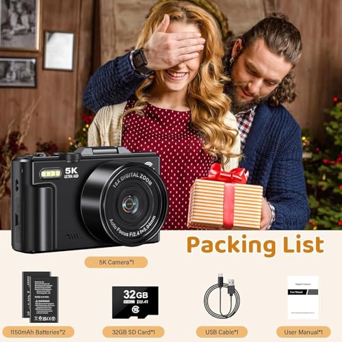 Image of BIGASUO 5K Digital Camera - 75MP Digital Cameras for Photography - Vlogging Camera for YouTube - Autofocus Video Camera 3 inch 180 Flip Screen with 18X Zoom (1204) (Black, B04)