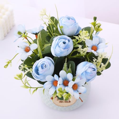 Image of TIED RIBBONS Artificial Rose Flower Plant with Pot (Blue, 6.6 Inch) Home Decor Items for Living Room Balcony Kitchen Bedroom Office Table Top Decoration Gifting Item