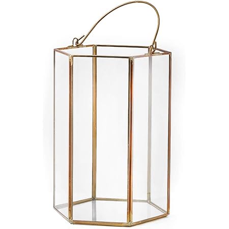 Serene Spaces Living Clear Glass Hexagon Lantern with Gold Edges, Measures 8 inches Tall, Sold Individually