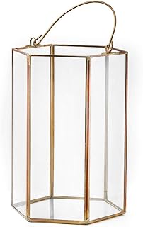 Serene Spaces Living Clear Glass Hexagon Lantern with Gold Edges, Measures 8 inches Tall, Sold Individually