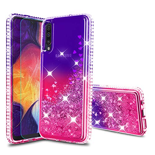 Atump Funda Galaxy A50 con Protector de Pantalla HD, Transparente Cristal Silicona Purpurina Bumper Gel TPU Fundas Case Cover para Movil para Samsung Galaxy A50 Rosa Purpura