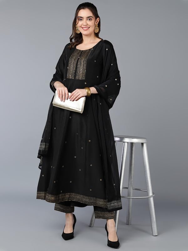 Image of Vaamsi Women's Silk Blend Yoke Design Solid Flared Kurta Pant With Dupatta