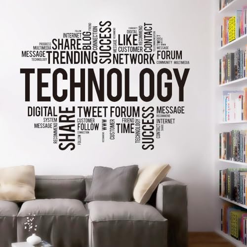 Technology Word Cloud Wall Decal, Modern Office Digital Theme Vinyl Sticker, Share Success Network Inspirational Lettering Wall Decor AFN153,61X47.2INCH (Black)