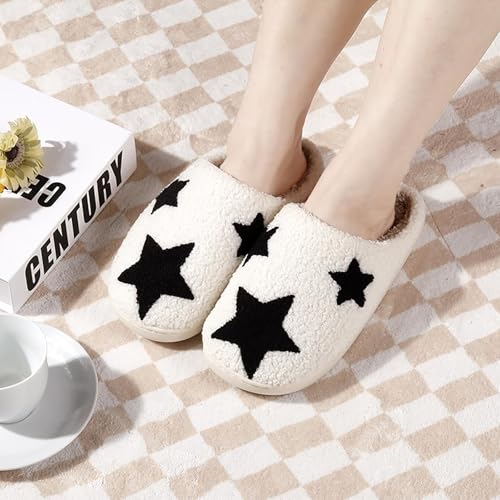 Image of Womens Mens House Slippers Retro Comfy Warm Plush Slip on Fluffy Memory Foam Home Sippers for Winter Indoor Outdoor