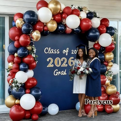 Image of Red White Blue Balloon Arch Double Stuffed, Navy Blue Dark Ruby Red Balloon Garland Kit with Latex Gold for Birthday 4th Of July Patriot Graduation Independence Day Veterans Day Party Decoration