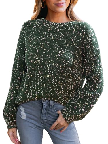 CUPSHE Womens Sweaters Rainbow Pom Casual Long Sleeve Ribbed Knit Pullover Sweater Tops Green, L
