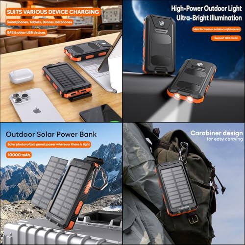 Image of Outdoor 10000mAh Solar Power Bank with Fast Charging and Dual LED Flashlight