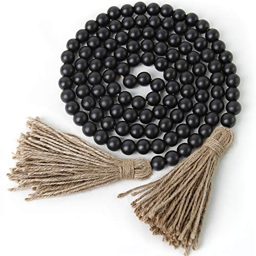 BlueMake 7.2 Feet Christmas Wood Bead Garland Farmhouse Home Decor for Christmas Tree Holiday Decoration (Black with Tassels)