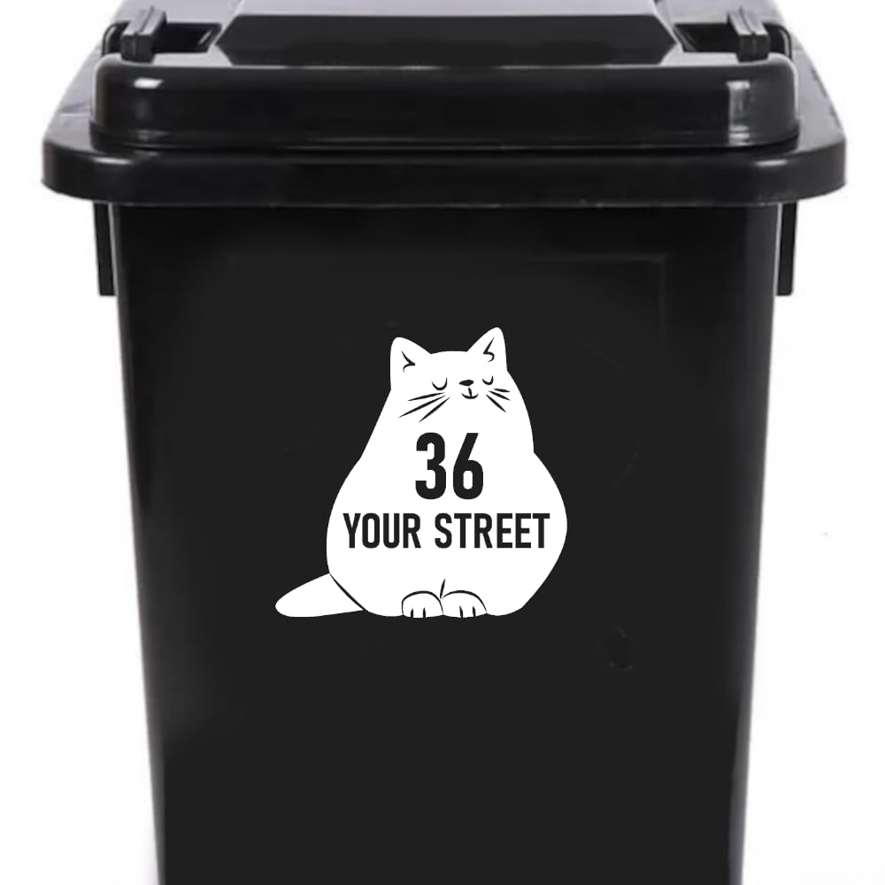 3 Pack Chubby Cat Number & Street Name Waterproof Sticker - Easy To Apply - Custom Wheelie Bin/Recycling Box/House/Door Signs (19cm x 19cm (7.5" x 7.5"))