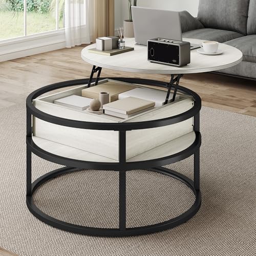 TAUS Round Coffee Table with Lift Top, Storage Coffee Table Adjustable Height with Concealed Compartment and Sturdy Metal Frame, 80X80X47CM