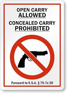 Kansas Gun Law Sign: Open Carry Allowed, Concealed Carry Prohibited Sign - Pursuant To K.S.A. § 75-7c20 Metal Sign Plaque for Home and Outdoor Fence Decor | 8 x 12 in
