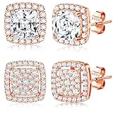 Dochais 2Pairs Cubic Zirconia Stud Earrings for Men Women, 14K Gold Plated Hypoallergenic 925 Sterling Silver Post Earrings Set, Iced Out Round & Square CZ Studs, Simulated Diamond Halo Earring
