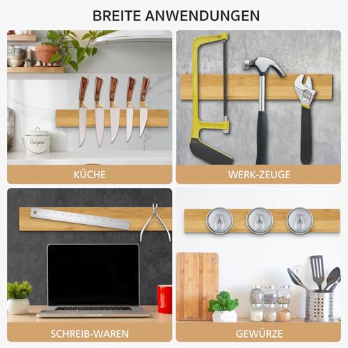 Barra Magnetica per Coltelli - Porta Coltelli Magnetico in Bambù con Magnete Extra Forte 40 X 6 X 2 cm, Muro Appendi Barre Magnetiche per Coltelli y Utensili, Calamita per Coltelli da Cucina - immagine 6