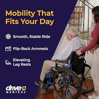 Drive Medical Blue Streak Lightweight Foldable Wheelchair - Enhanced Mobility Support - Durable Construction - Padded Comfort - Swing-Away Leg Rests - Desk Arms - Blue/Black - 18 Inch Seat