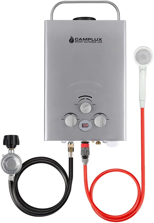 Portable Water Heater, Camplux 1.58 GPM On Demand Propane Water Heater, Outdoor Gas Water Heater With Rain Cap, Gray