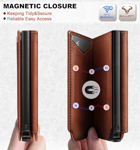 Image of BULLIANT Men Wallet Leather Wallet Card Holders Money Clip for Men 10Cards-Magnetic Flip on Metal Case