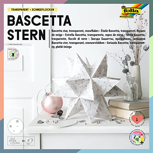 folia 801/2020 Bascetta Star Craft Set Made of Transparent Paper White/Silver Snowflakes 20 x 20 cm 32 Sheets Finished Size of Paper Star Approx. 30 cm with Instructions for Timeless Decoration