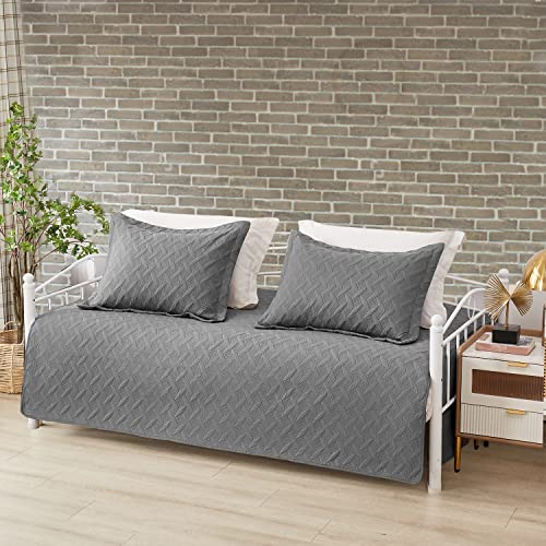 3 Piece Dark Grey Daybed Cover Set Twin Reversible Cozy Daybed Bedding Sets Double Sided Quilting Bedspread Coverlet Geometric Print Day Bed Cover All Season For Twin Bed With 2 Standard Shams,39"X75" #TOP1