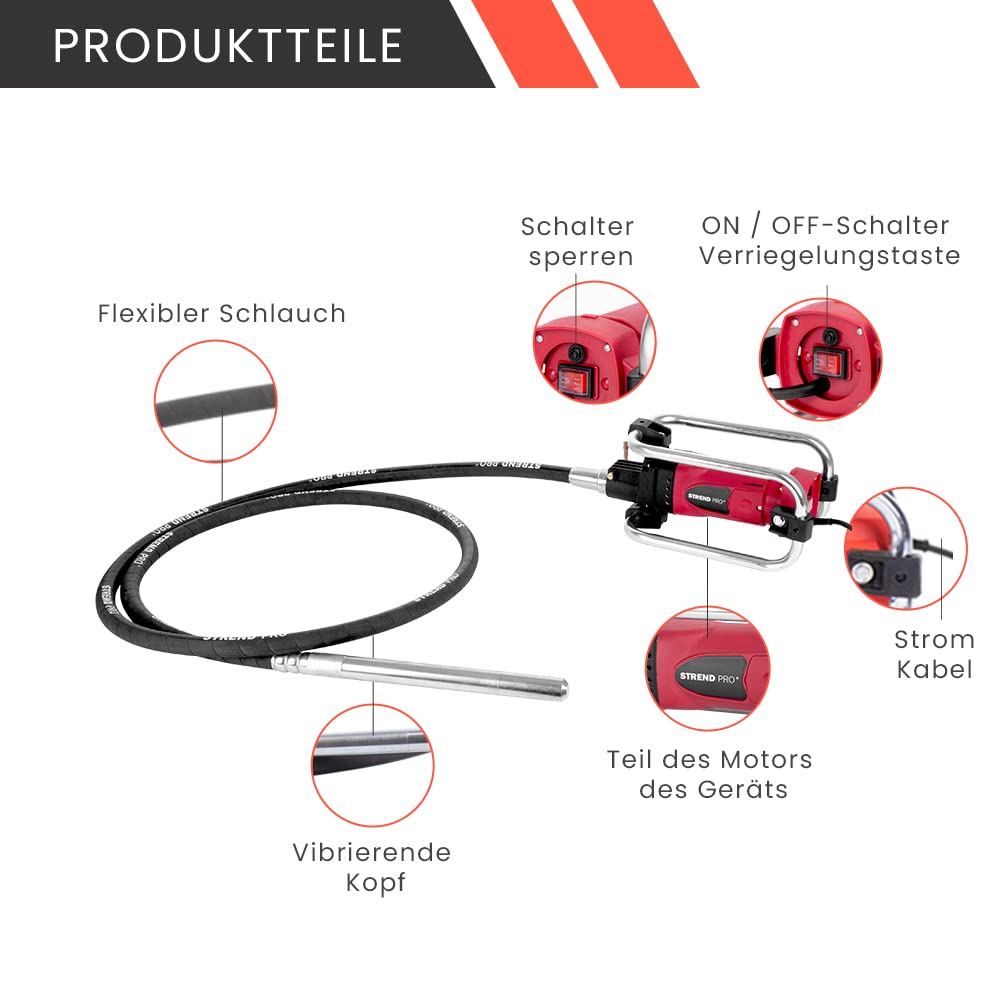 STREND PRO Betonrüttler Flaschenrüttler 2300 W | Innenrüttler | Rüttelflasche | Rüttelkopf 4 m Kabel Betonverdichter | Elektrisch | flexible Welle | Dauerbetrieb