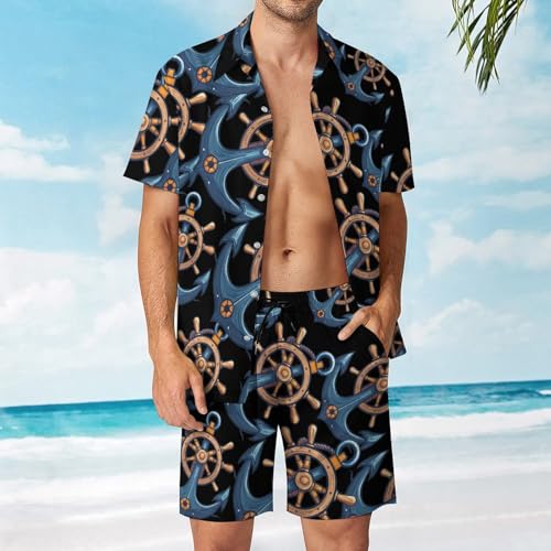Anchors with Ship Steering Wheel Men's Hawaiian Set Casual Short Sleeve Shirt And Shorts Suits Outfits Beach Shirt 2 Piece2