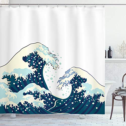 ABAKUHAUS Waves Shower Curtain, Japanese Kanagawa Illustration Nautical Ocean Surfing Theme Aquatic Pattern