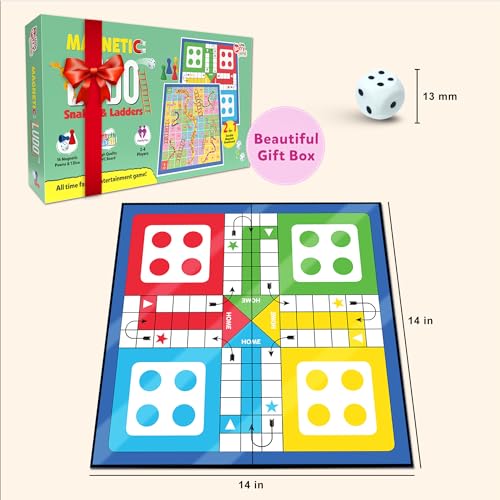 Image of Ludo Game for Kids | 2-in-1 Magentic Snakes & Ladders and Ludo Board | 14 inchx14 inch Foldable Big Family Game for Kids & Adults | Travel-Friendly Dice Board Game
