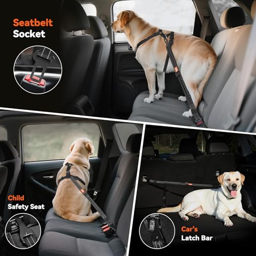 Tivray Anschnallgurt Hund Auto, Bungee Hund Auto Sicherheitsgurt, Auto Sicherheitsleine mit Schnalle und Clip Haken, Einstellbar Reflex Geschirr Tether, 360° Swivel Karabiner, Schwarz