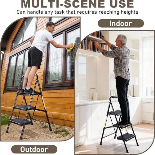 Valeo 3 Step Ladder, 3 Step Ladder for Adults with with Safe-Lock Design, Wide Anti-Slip Pedal, 500lbs Sturdy Steel Ladder, Step Stool Foldable with Cushioned Handle,Black by Valeo - Image 6