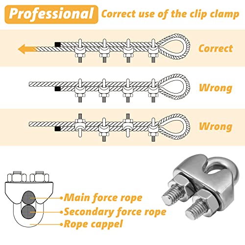 40 Pcs 1/8" Wire Rope Kit M3 Metal Wire Rope Cable Clamps And M3 Stainless Steel Thimbles For 1/8" Diameter Wire Rope Rigging Tent Rope Guard Railing System #TOP2